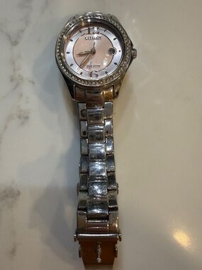 Citizen Silver Bracelet Watch with Pink Dial and Crystal Bezel